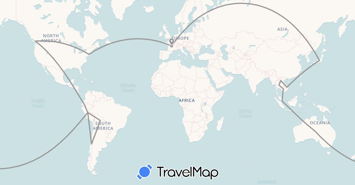 TravelMap itinerary: driving, plane in Australia, Bolivia, Canada, Chile, Ecuador, France, Japan, Cambodia, Laos, Peru, Singapore, Thailand, United States, Vietnam (Asia, Europe, North America, Oceania, South America)